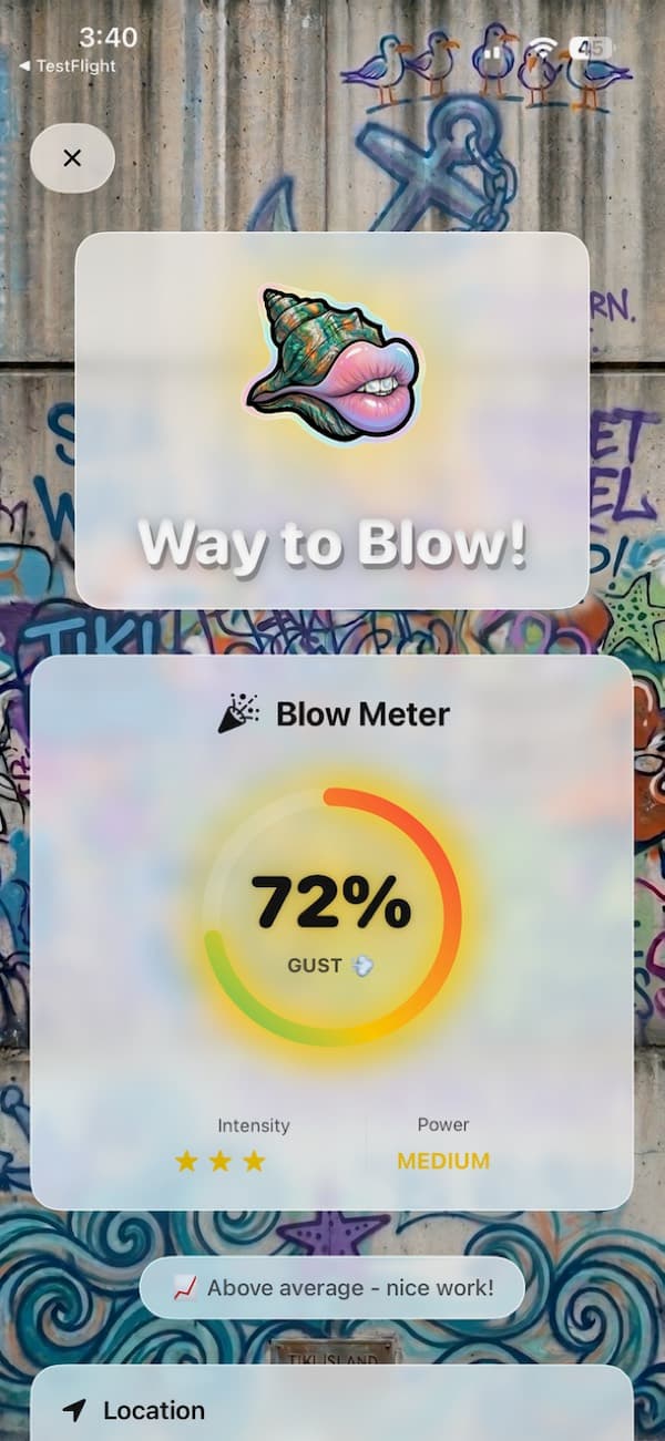 The Blow Meter showing a 72% gust with a three-star intensity rating