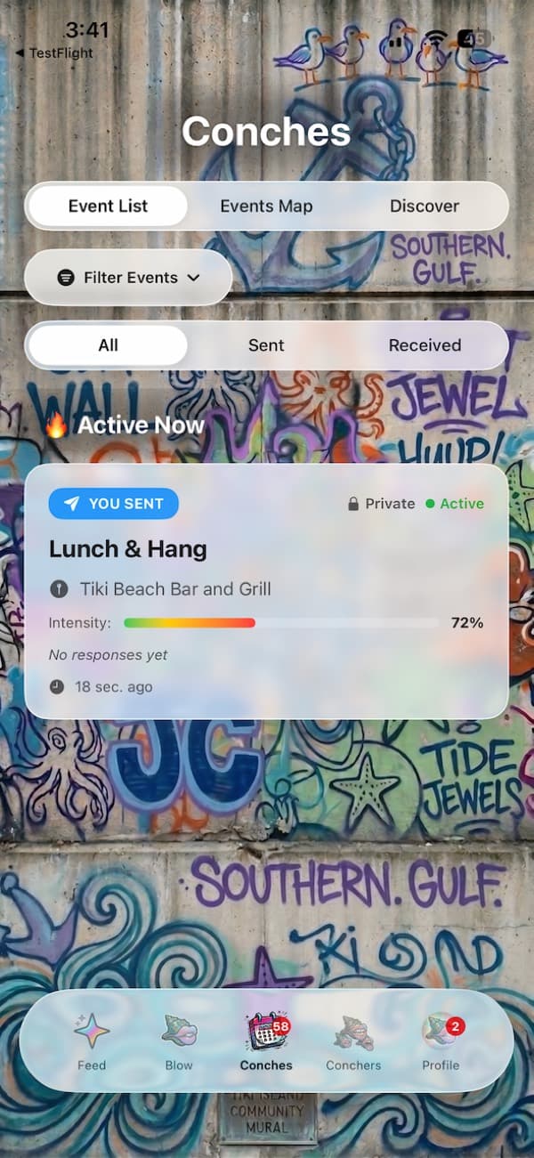 The Conches tab showing your event list with intensity meters