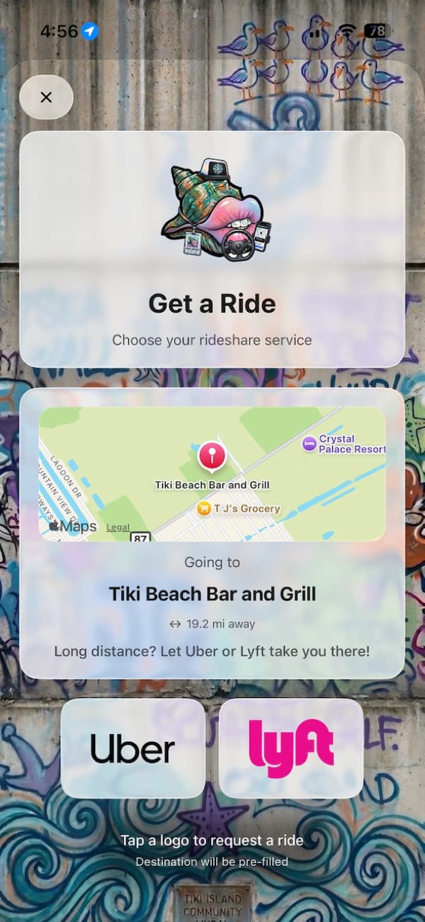 An event detail screen with a map, venue rating, and Directions, Ride, and Change buttons