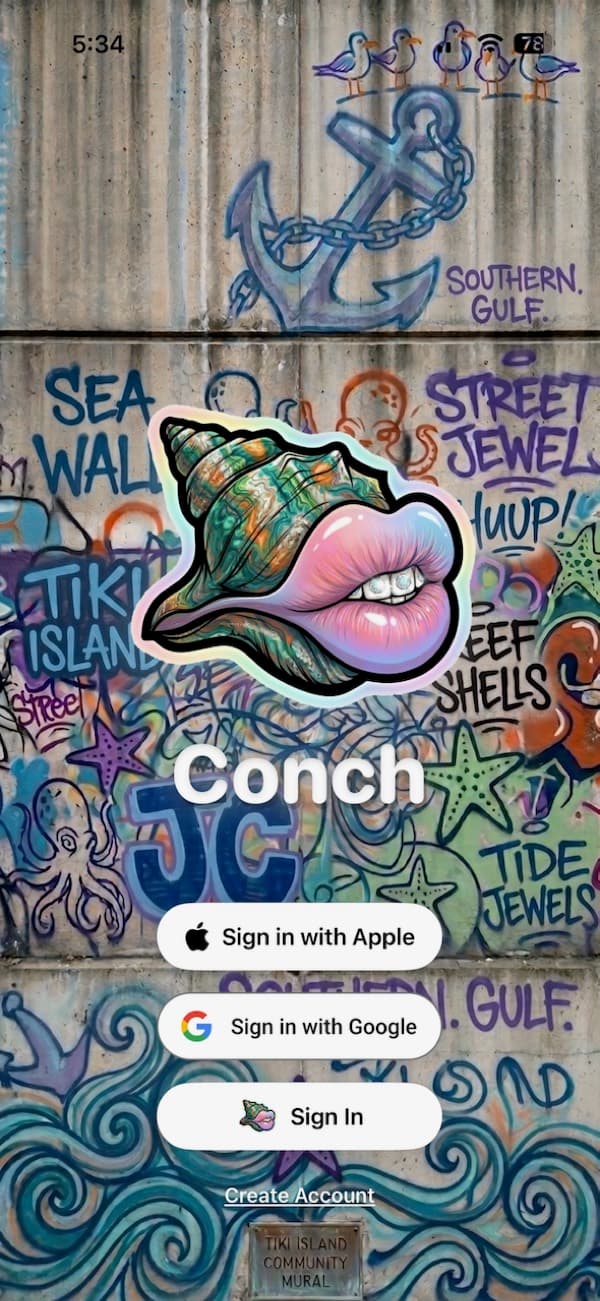 The Conch sign-in screen with Apple, Google, and email options