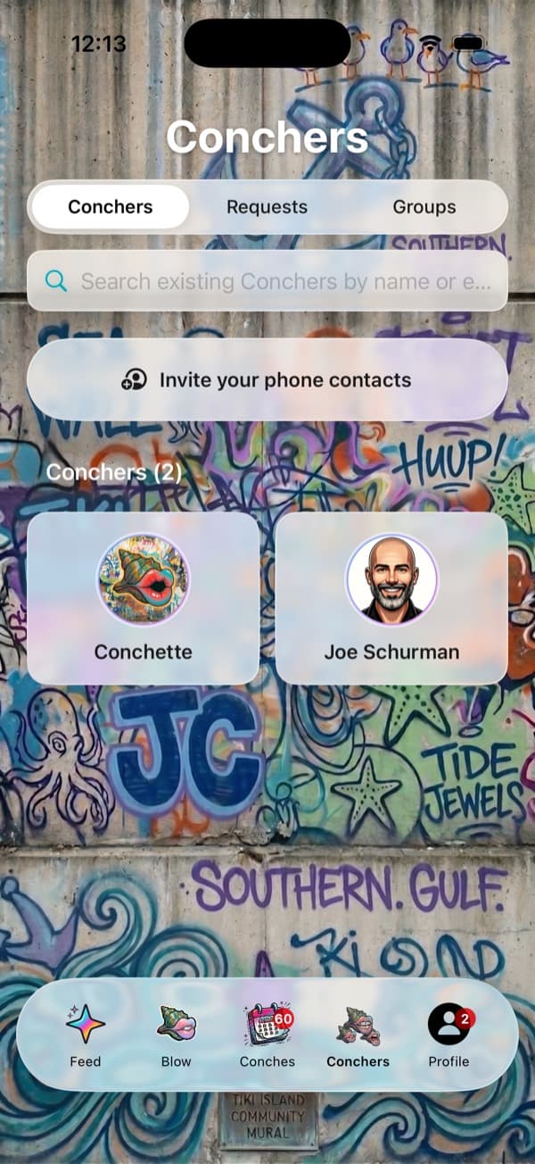 The Conchers tab showing friends, requests, and groups